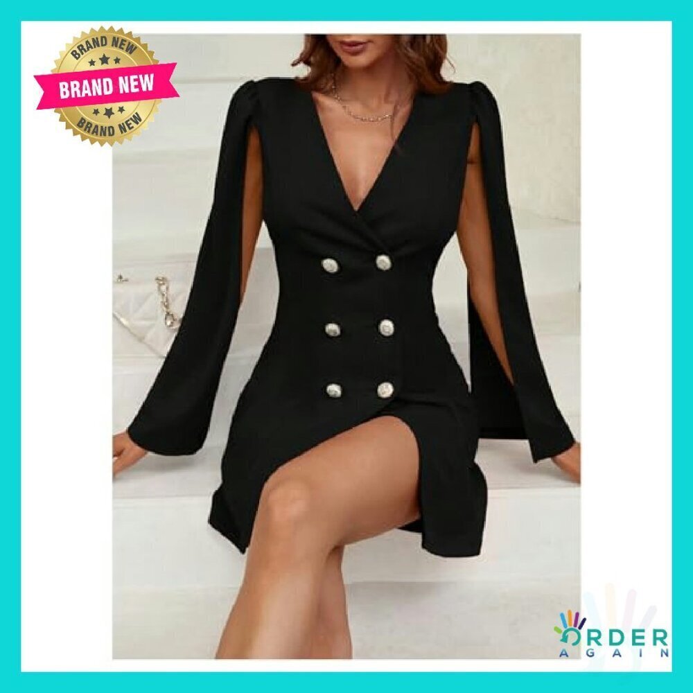 Elegant Cape Blazer Dress V Neck Double Breasted Split Sleeve Chic Formal - Picture 5 of 7